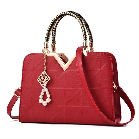 Women Handbag PU Leather Geometric Triangle Embossed Woven Handle Metal V Decor Artificial Pearl Pendant Crossbody Shoulder Bag Retro