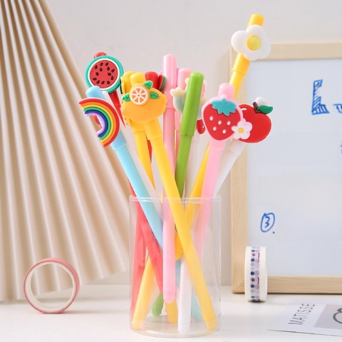 Stylos Gel Neutres Dessin Animé Pointe Fine Écriture Douce Plastique Avec Décoration Silicone Fruits Animaux École Bureau