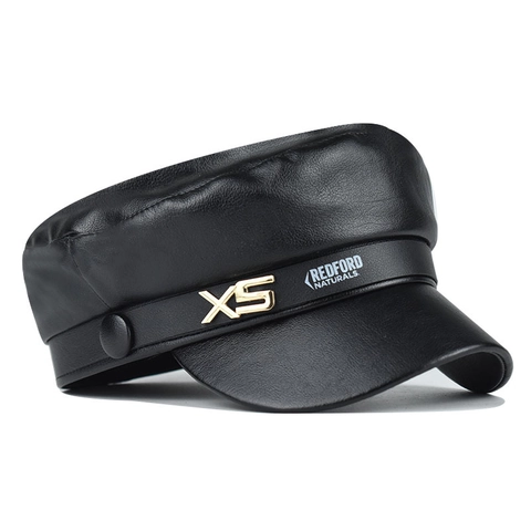 PU Leather Newsboy Cap For Women Retro Octagonal Baker Boy Hat With Metal Buckle Solid Color Flat Top