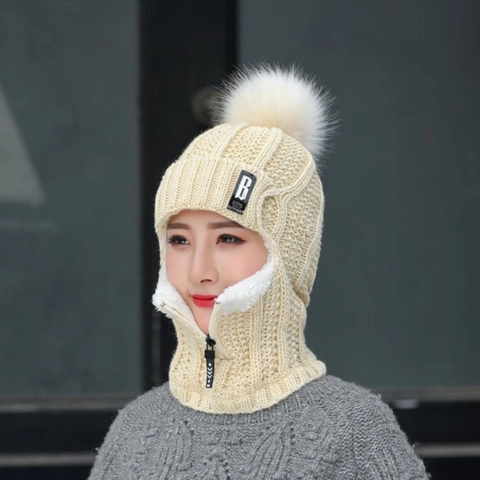 Bonnet Balaclava en Tricot d'Hiver pour Femmes Fermeture Éclair Coupe-vent Doublé en Polaire Chaud Bonnet Masque Cache-cou Ski de Plein Air Casquette de Boule de Poils