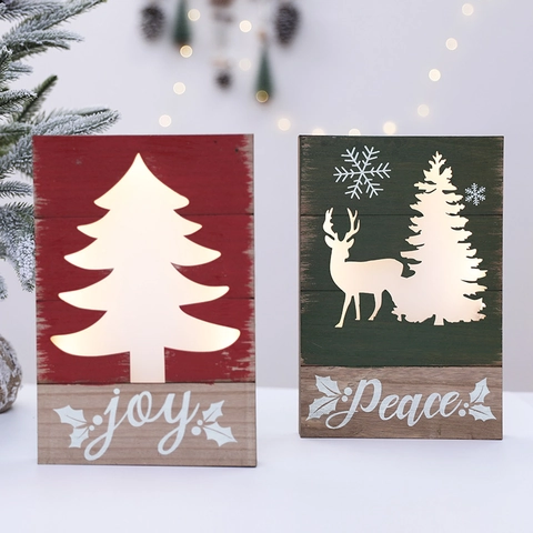 Christmas Wooden LED Light Up Plaque Hollow Carved Reindeer Tree Joy Peace Sign Wall Hanging Festive Home Decoration