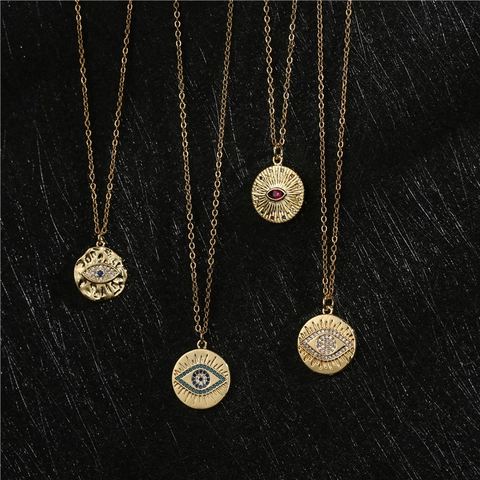 Evil Eye Anhänger Halskette Kupfer Vergoldet Geometrische Scheibe Mikro Pave Zirkonia Schmuck Für Damen Mode