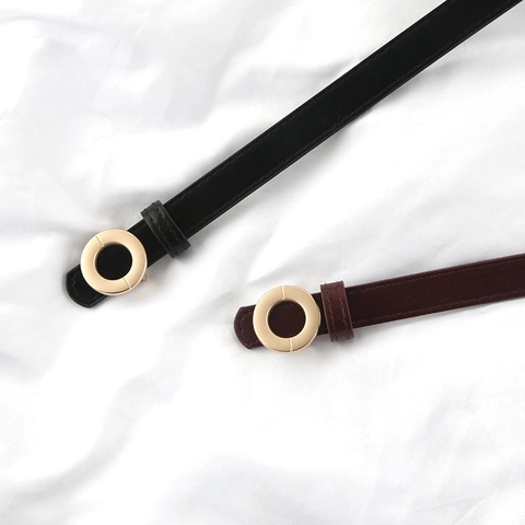 Damen Schmaler PU Ledergürtel Mit Goldener Runder Legierungsschnalle Druckknopf Einfarbiger Modischer Taillengürtel Für Kleider Jeans