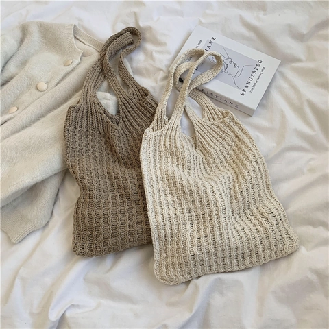Knitted Woven Tote Bag Large Capacity Crochet Handbag Soft Shoulder Bag Minimalist Elegant Versatile For Women