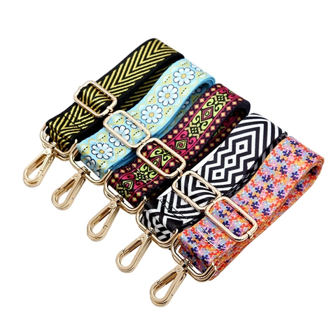 Bag Strap Replacement Wide Shoulder Crossbody Webbing Adjustable Ethnic Floral Pattern Metal Hooks