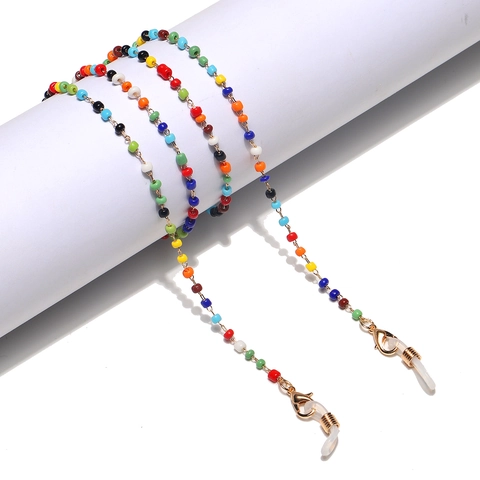 Chaîne De Lunettes En Perles Colorées Et Cordon Pour Masque Avec Fermoirs Mousquetons En Métal Et Boucles En Silicone Arc-En-Ciel