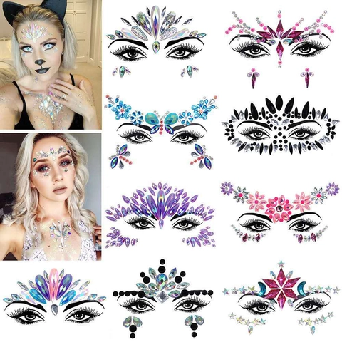 Face Jewels Gems Stickers Rhinestone Crystal Self Adhesive Iridescent Glitter Eye Body Art For Rave Festival Party Makeup