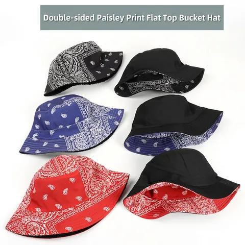 Paisley Print Reversible Bucket Hat Cotton Polyester Retro Bandana Sun Protection Streetwear Foldable Outdoor For Unisex