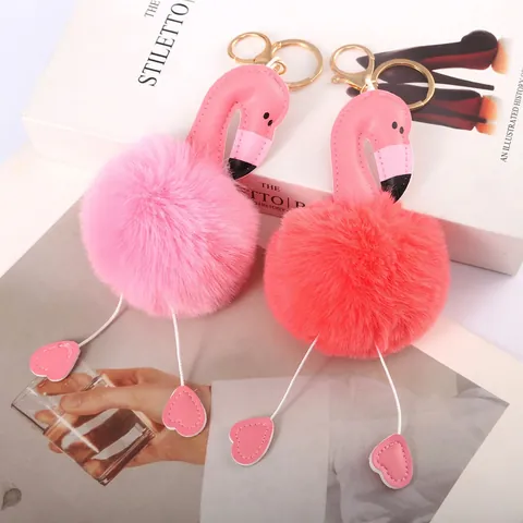 Flamingo Pom Pom Keychain Faux Fur PU Leather Metal Charm Bag Ornament Cute Animal Accessory For Women Girls