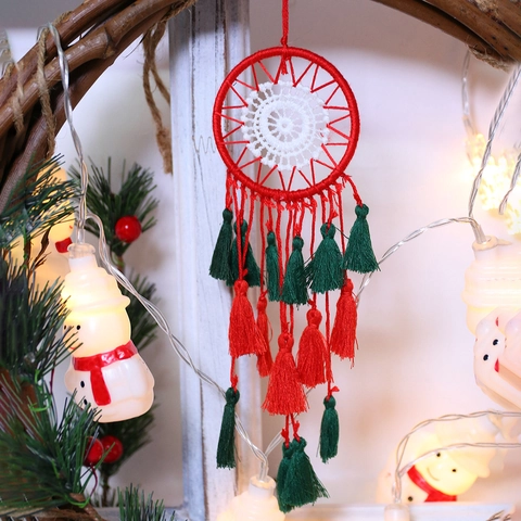 Handgeweven Kerst Dromenvanger Hanger Rood Groen Wit Kwastje Wanddecoratie Kerstboom Ornament Cadeaus Voor Vrouwen