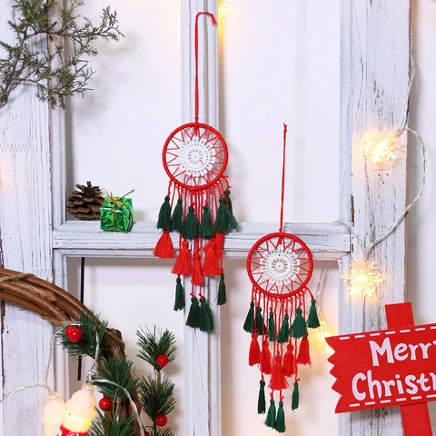 Handgeweven Kerst Dromenvanger Hanger Rood Groen Wit Kwastje Wanddecoratie Kerstboom Ornament Cadeaus Voor Vrouwen