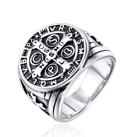 Anello Medaglia San Benedetto Acciaio Inossidabile Religioso Cattolico Croce Sigillo Vintage Retro Amuleto Gioielli Uomo