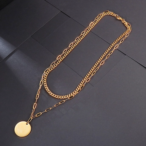 Double Layer Necklace With Round Tag Pendant 316L Stainless Steel Paperclip And Cuban Chain Hypoallergenic Jewelry