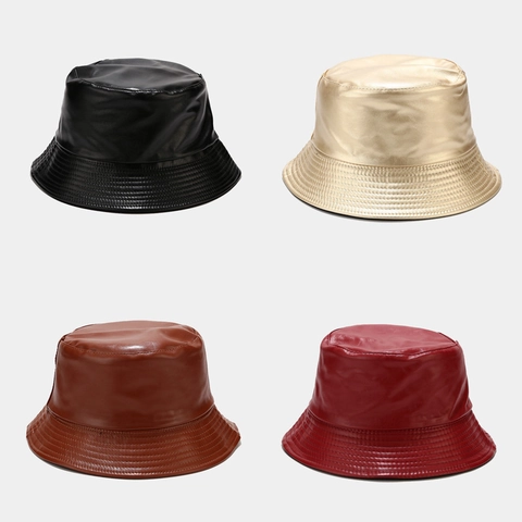 Retro Faux Leather Bucket Hat Waterproof Windproof Wide Brim Sunshade Fashion Unisex Solid Color Accessory