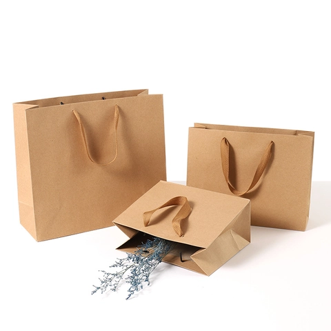 Horizontal Kraft Paper Gift Bags With Ribbon Handles Vintage Packaging For Party Wedding Shopping