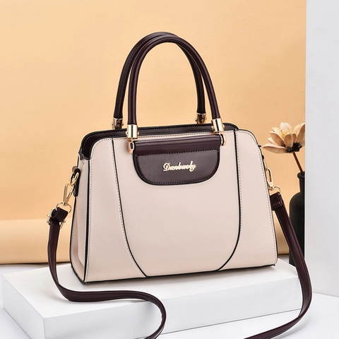 Women PU Leather Handbag Contrast Color Fashion Shoulder Crossbody Bag Large Capacity Business Commute Top Handle