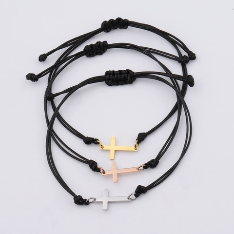 Pulsera Con Colgante De Cruz Minimalista Acero Inoxidable Cuerda Trenzada Ajustable Joyería Religiosa Moda Regalo