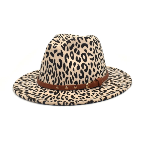 Cappello Fedora Leopardato In Feltro Di Lana Tesa Larga Retro Jazz Stile Panama Per Donna Con Cintura In Pelle E Rivetti