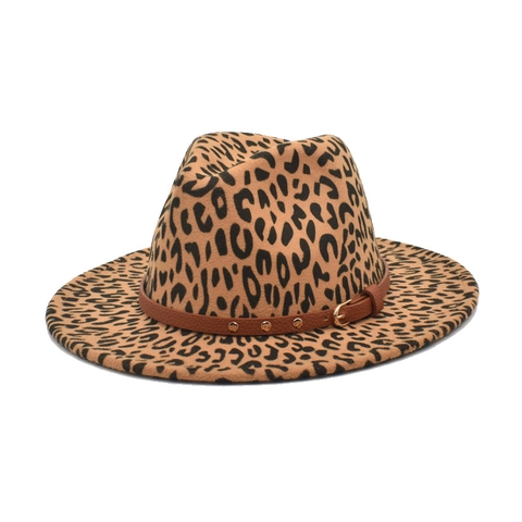 Cappello Fedora Leopardato In Feltro Di Lana Tesa Larga Retro Jazz Stile Panama Per Donna Con Cintura In Pelle E Rivetti