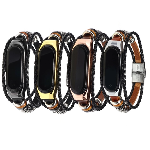 Retro Ethnic Braided Genuine Leather Watch Strap With Zinc Alloy Metal Frame For Mi Band 7 6 5 4 3 Replacement Wristband