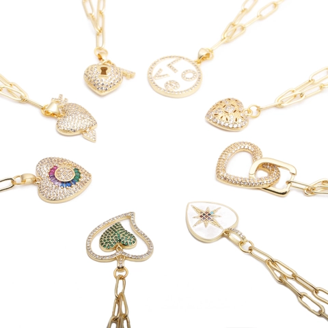 Heart Pendant Necklace With Colorful Zircon Inlaid Copper Paperclip Chain Hip Hop Fashion Jewelry For Women