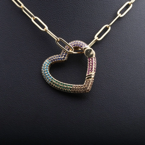 Collier Pendentif Cœur En Cuivre Zircon Arc-En-Ciel Micro Pavé Fermoir Mousqueton Chaîne Trombone Bijou Pour Femme