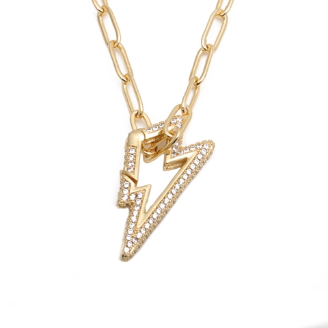 Collana Con Pendente A Fulmine Rame Intarsiato In Zircone Catena A Graffetta Gioielli Hip Hop Chiusura Moschettone Oro