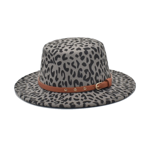 Cappello Fedora Stampa Leopardata Tetto Piatto Feltro Di Lana Tesa Larga Fascia Ecopelle Decorazione Borchie Vintage