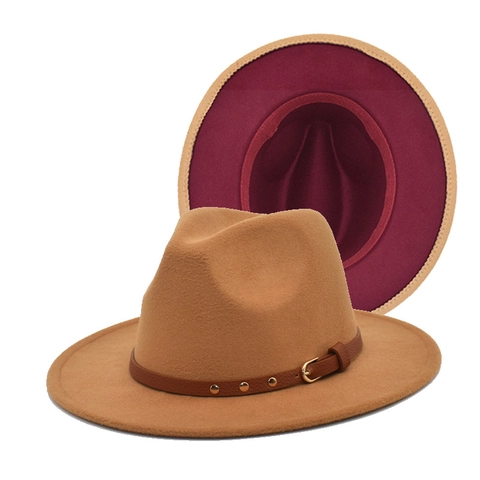 Cappello Fedora A Tesa Larga Feltro Di Lana Bicolore Contrasto Cappello Jazz Con Fascia In Pelle E Borchie Dorate