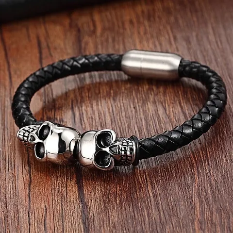 Pulsera De Cuero Trenzado Para Hombre Acero Inoxidable Dijes De Calavera Punk Gótico Cierre Magnético Joyería