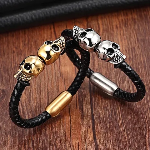 Pulsera De Cuero Trenzado Para Hombre Acero Inoxidable Dijes De Calavera Punk Gótico Cierre Magnético Joyería