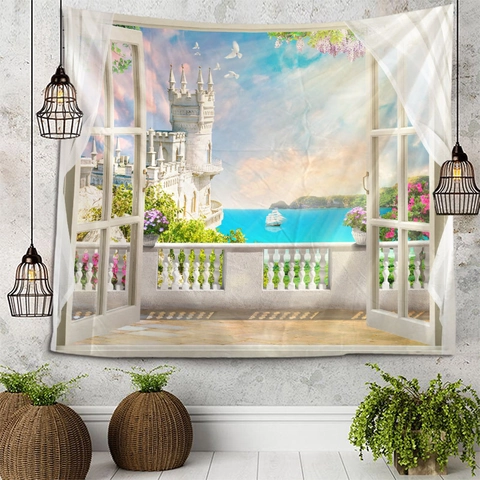 Landscape Tapestry 3D Window View Wall Hanging Polyester Fabric Decorative Background Cloth For Bedroom Living Room