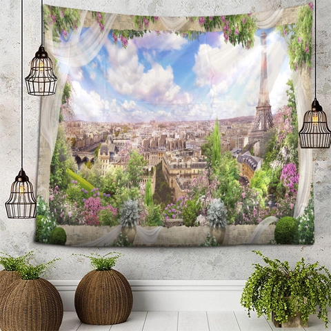 Arazzo Da Parete Poliestere Vista Finestra 3D Natura Paesaggio Cascata Foresta Tessuto Appeso Decorazione Camera Dormitorio Estetica