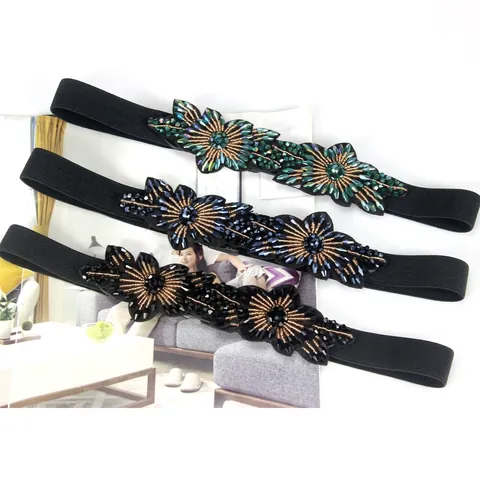 Women Elastic Corset Belt Handmade Floral Beaded Sequin Rhinestone Decorative Waistband For Dress