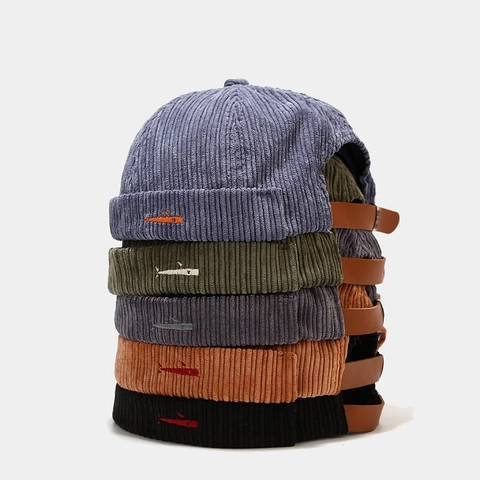 Corduroy Docker Hat For Men Women Brimless Cap Retro Miki Hat With Adjustable Leather Strap Fish Embroidery