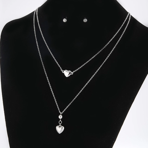 Collar De Doble Capa Con Colgante De Corazón Y Pendientes De Botón De Bola Acero Inoxidable Minimalista Elegante Para Mujer