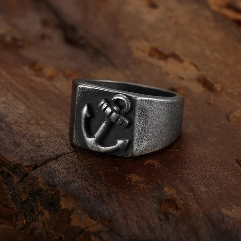 Bague Chevalière Ancre Rétro Acier Inoxydable Nautique Face Carrée Bijoux Punk Pour Hommes