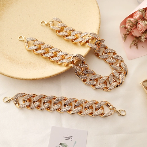 Iced Out Cuban Link Chain Necklace And Bracelet Set For Women Chunky Gold Color Rhinestone Choker Hip Hop Jewelry