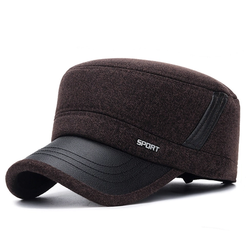 Berretto Cadet Uomo Cotone Visiera Pelle PU Paraorecchie Inverno Caldo Antivento Militare Cappello Piatto Regolabile Stile Sportivo