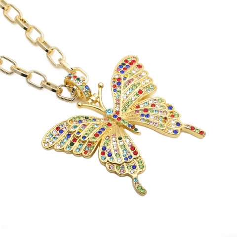 Hip Hop Butterfly Pendant Necklace With Rhinestones Alloy Jewelry Punk Style Gold Color Copper Link Chain