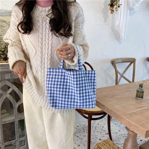 Mini Tote Bag Gingham Plaid Cotton Linen Portable Lunch Bag Casual Japanese Style Handbag For Women