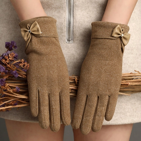 Elegantes Guantes Cálidos Invierno Mujer Terciopelo Pelo Conejo Punto Compatible Pantalla Táctil Lazo Cuero Color Sólido