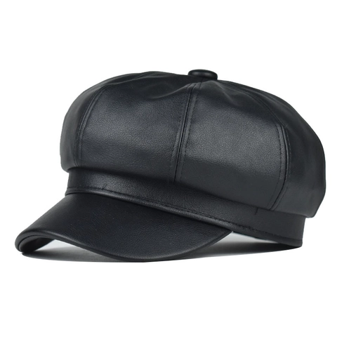Women Newsboy Cap Retro PU Leather Octagonal Painter Hat Vintage Solid Color Adjustable Fashion Accessory
