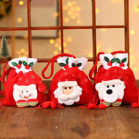 Sacchetto Regalo di Natale con Coulisse in Velluto 3D Babbo Natale Pupazzo di Neve Orso Borsa per Caramelle Festa Bambini