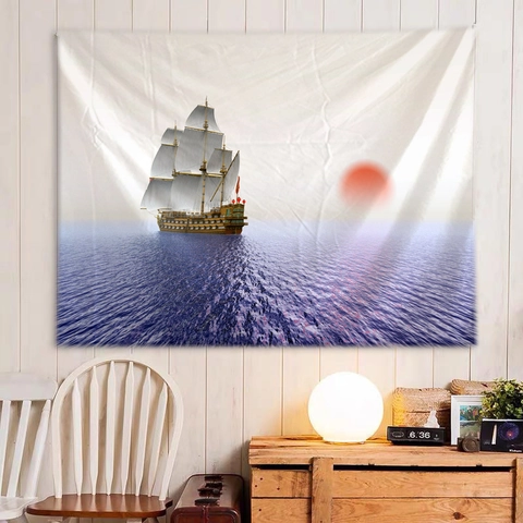 Arazzo Nautico Con Veliero Poliestere Vintage Tramonto Mare Arte Decorazione Estetica Della Stanza