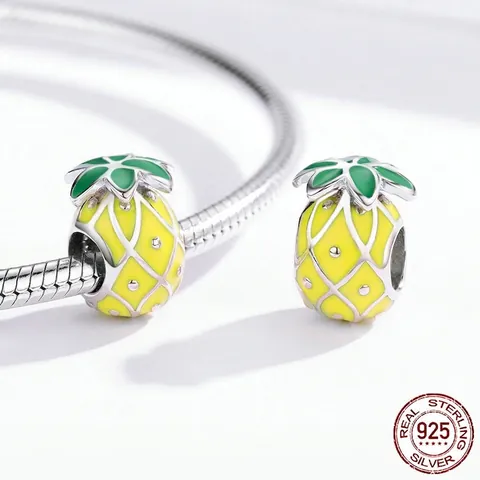 925 Sterling Silver Fruit Beads Colorful Enamel Zircon Pineapple Strawberry Lemon Charms For DIY Jewelry Bracelet Making Summer Style
