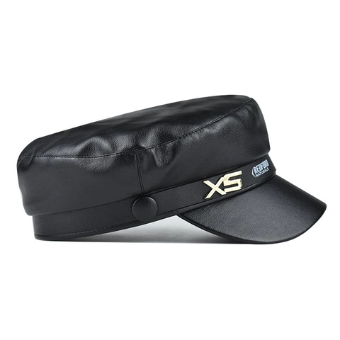 PU Leather Newsboy Cap For Women Retro Octagonal Baker Boy Hat With Metal Buckle Solid Color Flat Top