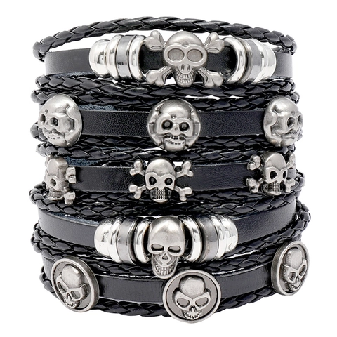Skull Leather Bracelets Handmade Woven Cord Adjustable Punk Gothic Retro Jewelry Men Cowhide Metal Charms Multi Layer