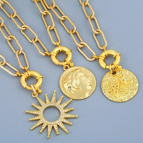 Collar Con Colgante Cobre Chapado En Oro Circón Geométrico Vintage Cadena De Clip Joyería Para Mujeres