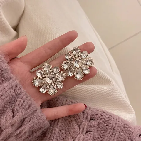 Floral Stud Earrings Full Rhinestone Shiny Flower Jewelry With Silver Earring Post Vintage Statement For Women